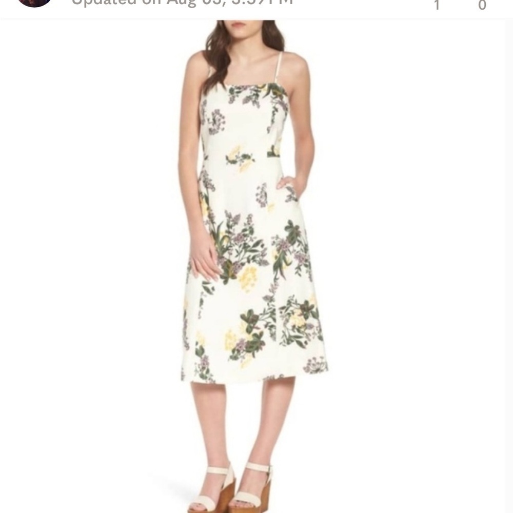 Leith Cream Floral Linen Midi Dress – Medium – Spaghetti Straps/Cut-Out Back